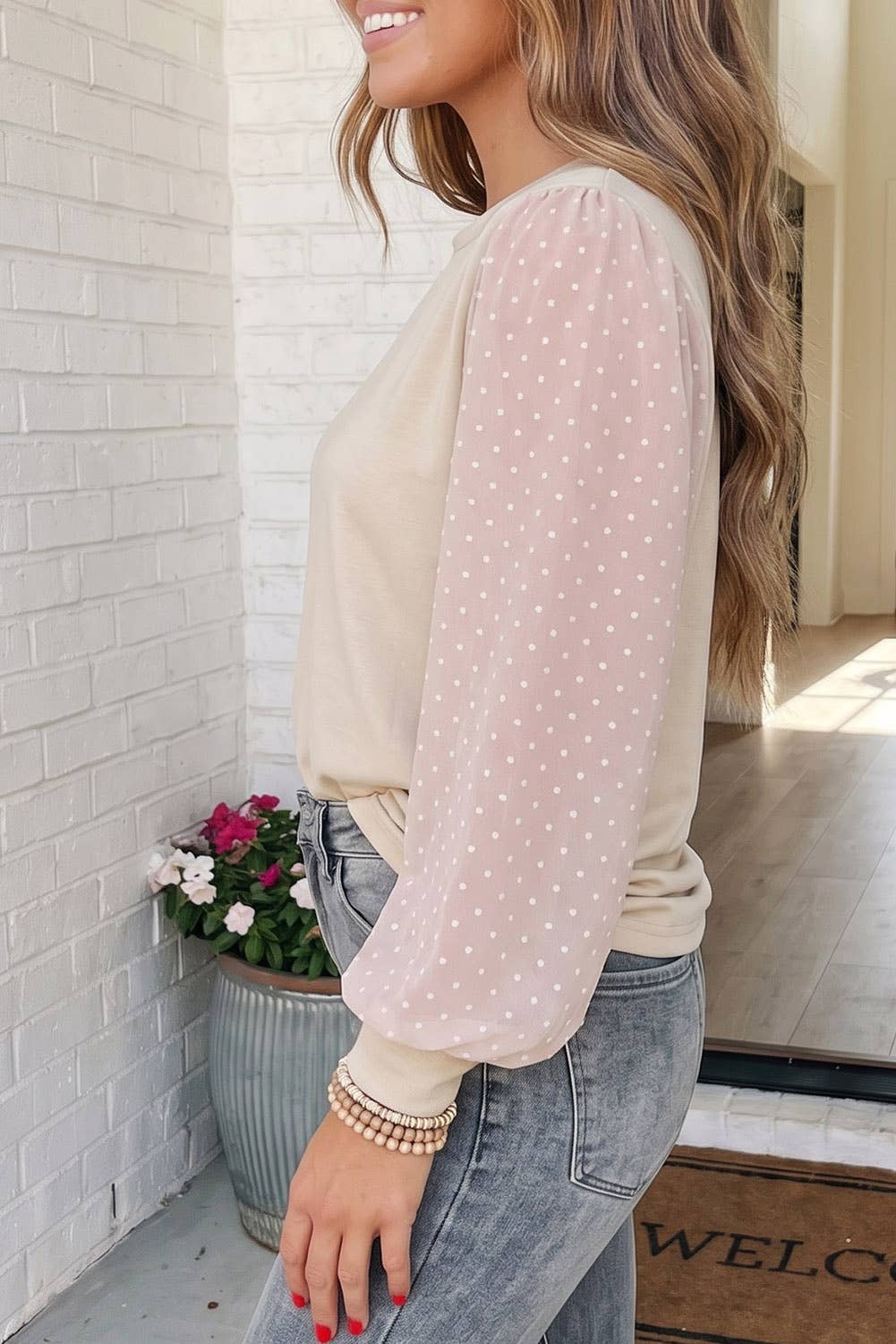 Polka Dot Bubble Sleeve Plus Size Blouse