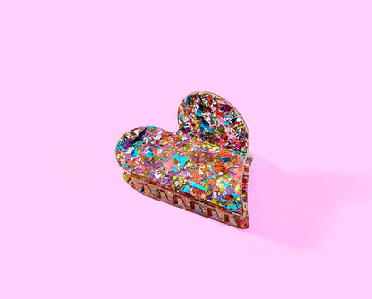 FOR FUN - Claw Hair Clip - Heart - Pink + Confetti