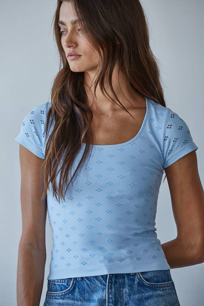 Seamless Eyelet Round Neck Short Sleeve Top