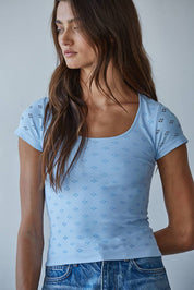 Seamless Eyelet Round Neck Short Sleeve Top