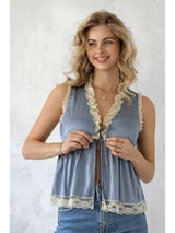Satin Lace Trim Tie Front Top