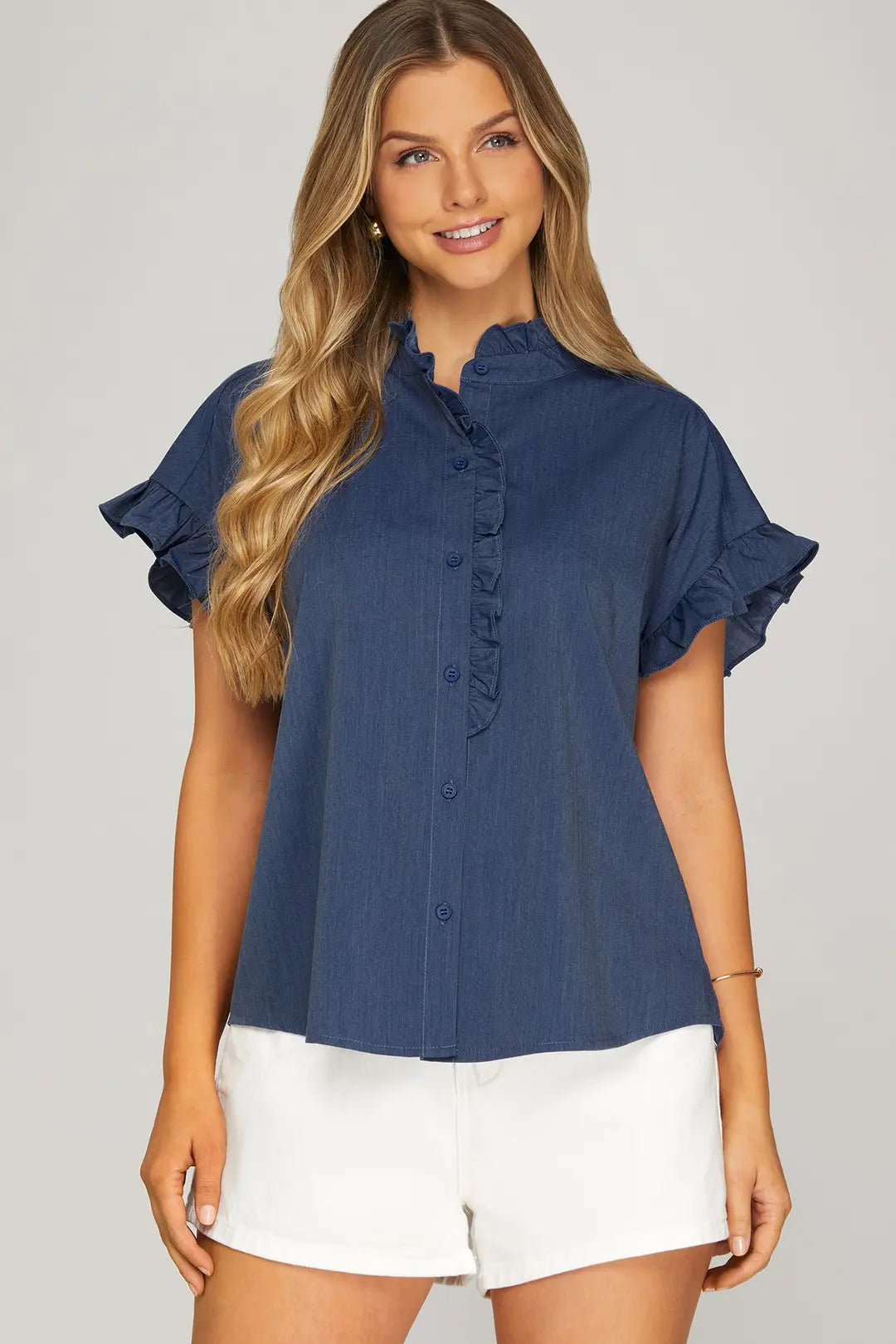 Drop Shoulder Ruffled Neck Top