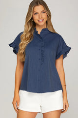 Drop Shoulder Ruffled Neck Top