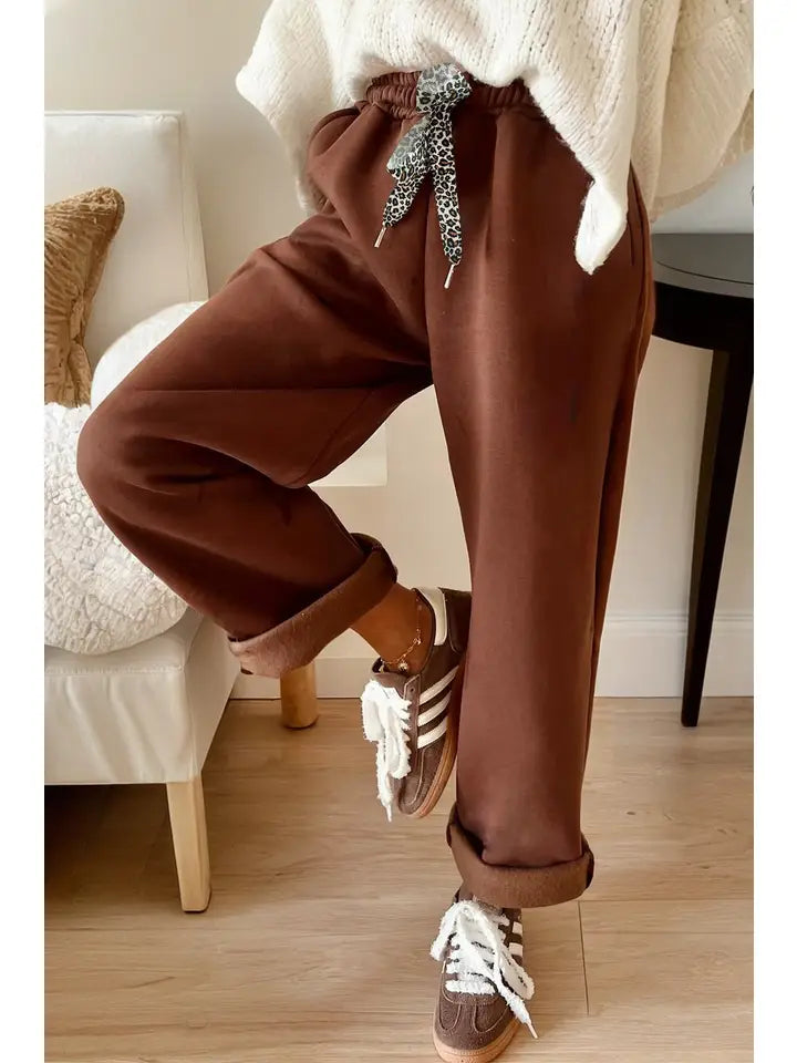 Fleeced Leopard Drawstring Pants