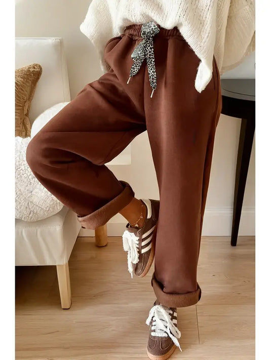 Fleeced Leopard Drawstring Pants