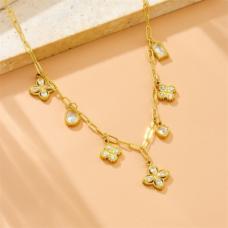Rhinestone Cross & Clover Charm Necklace
