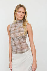 PLAID MOCK NECK RUCHED SLEEVELESS MESH KNIT TOP
