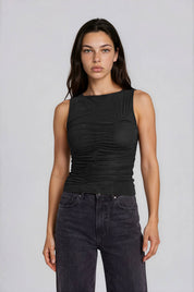 MESH BOAT NECK RUCHED FRONT SLEEVELESS KNIT TOP