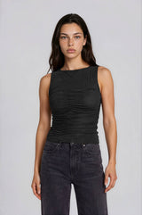 MESH BOAT NECK RUCHED FRONT SLEEVELESS KNIT TOP