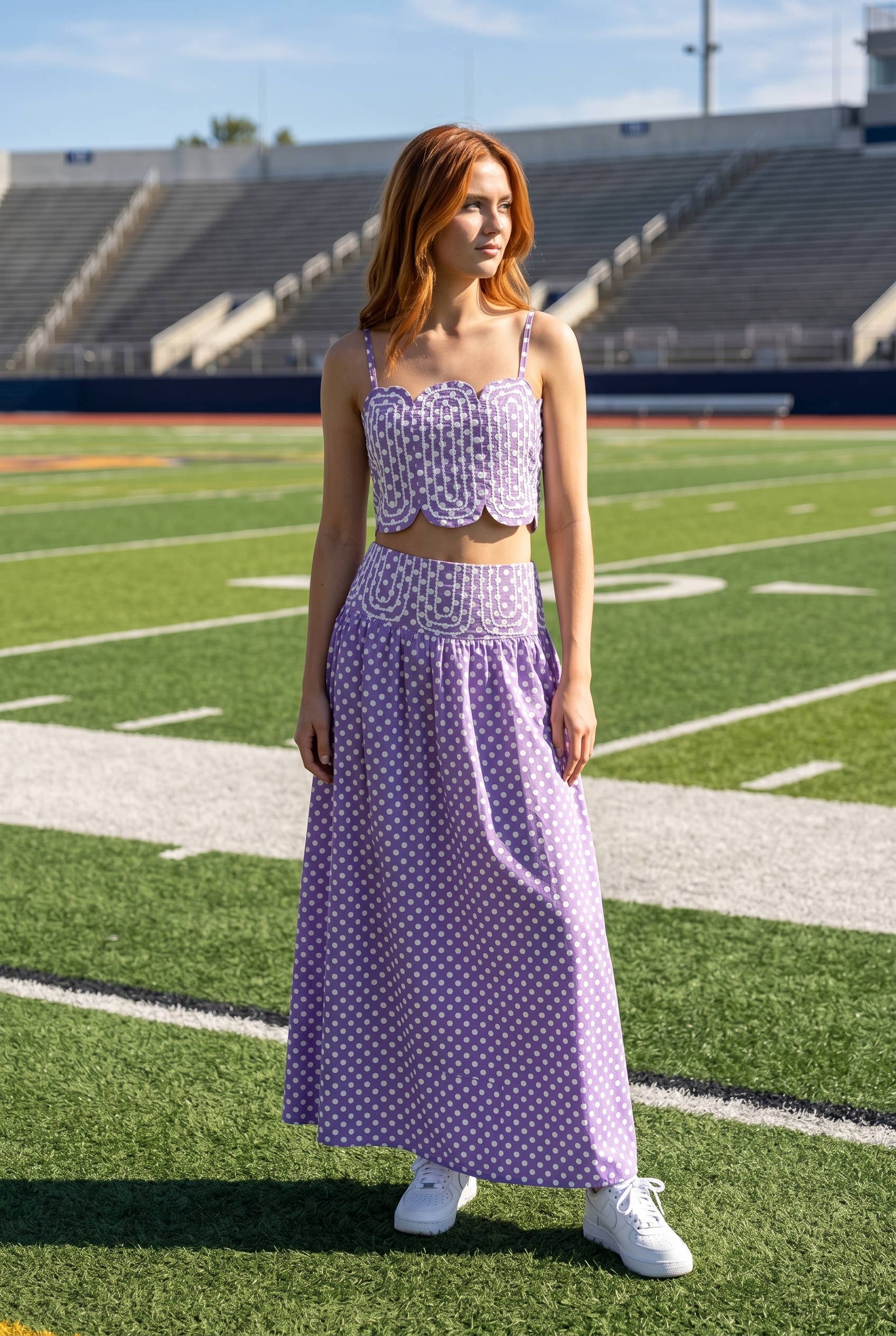 Trim Appliqué Crop Top And Polka Dot Maxi Skirt Set