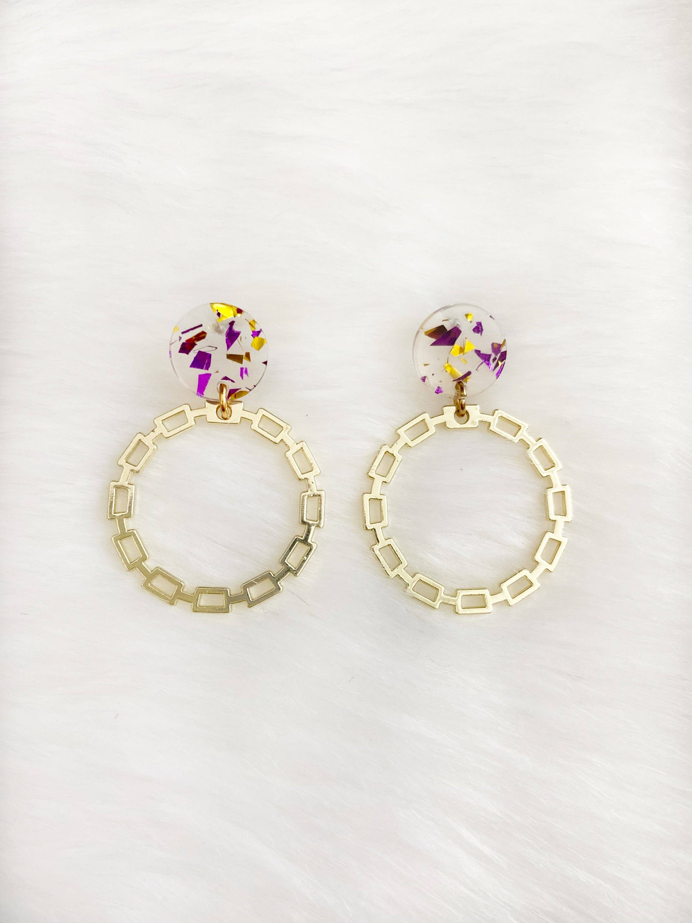 Purple & Gold Confetti Hoop Earrings