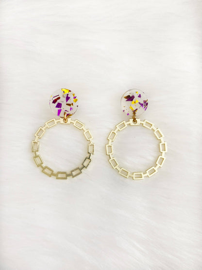 Purple & Gold Confetti Hoop Earrings