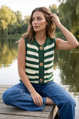 Sleeveless Striped Button Down Sweater Vest