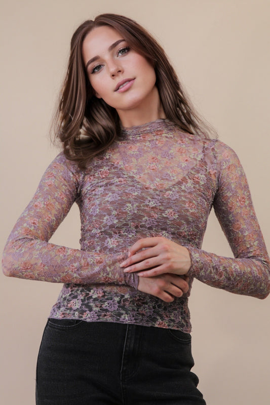 Mauve Floral Sheer Lace Top