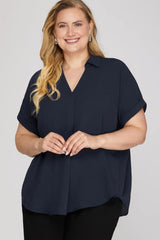 Plus-Drop Shoulder Collared Top