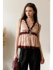 Satin Lace Trim Tie Front Top