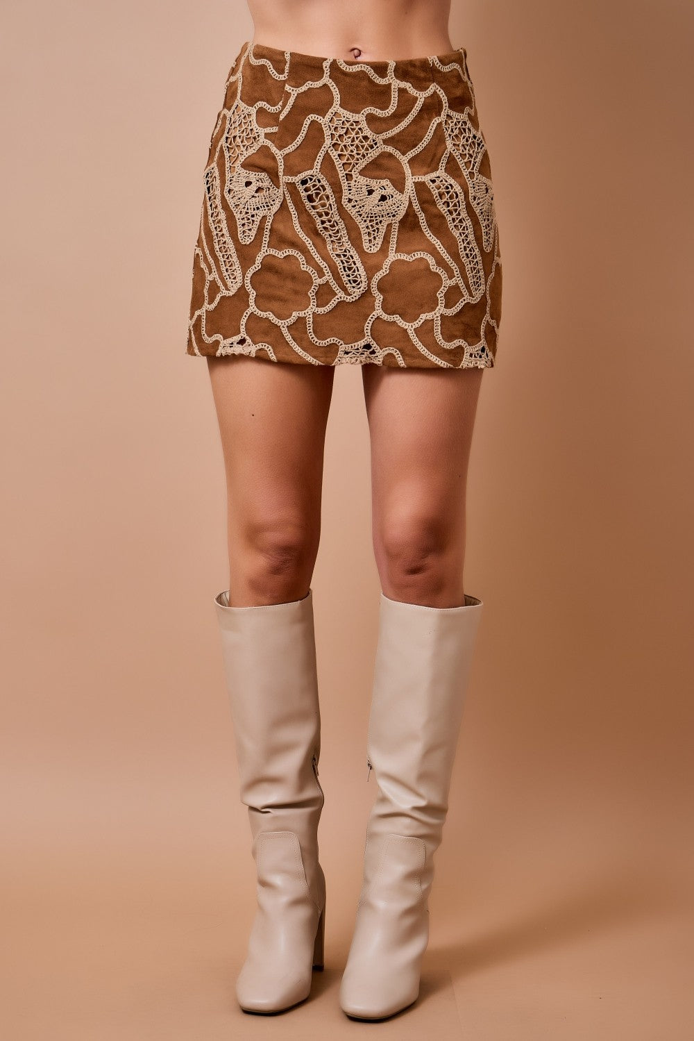 High Waisted Suede Embroidered Skirt