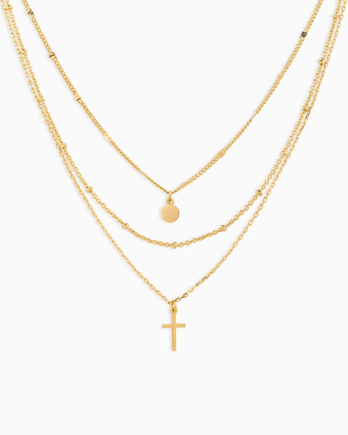 Triple Layered Necklace with Cross & Pendant