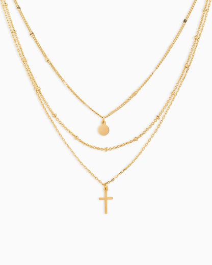 Triple Layered Necklace with Cross & Pendant