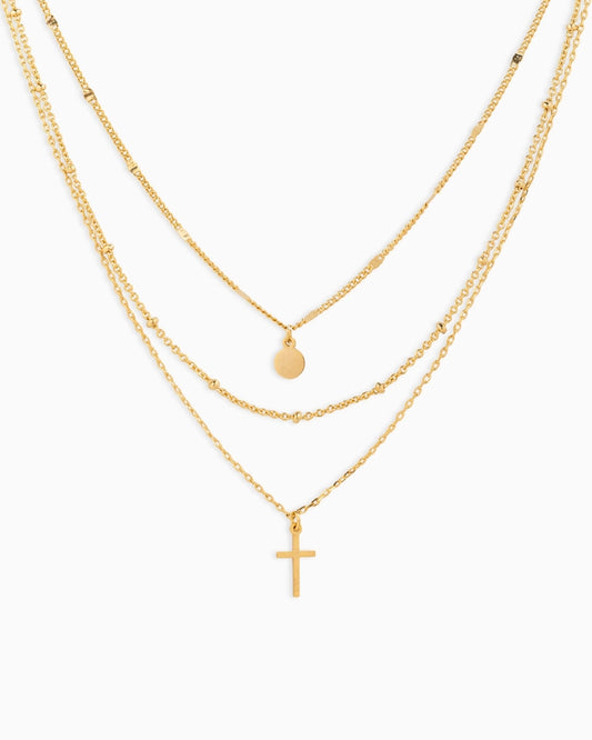 Triple Layered Necklace with Cross & Pendant