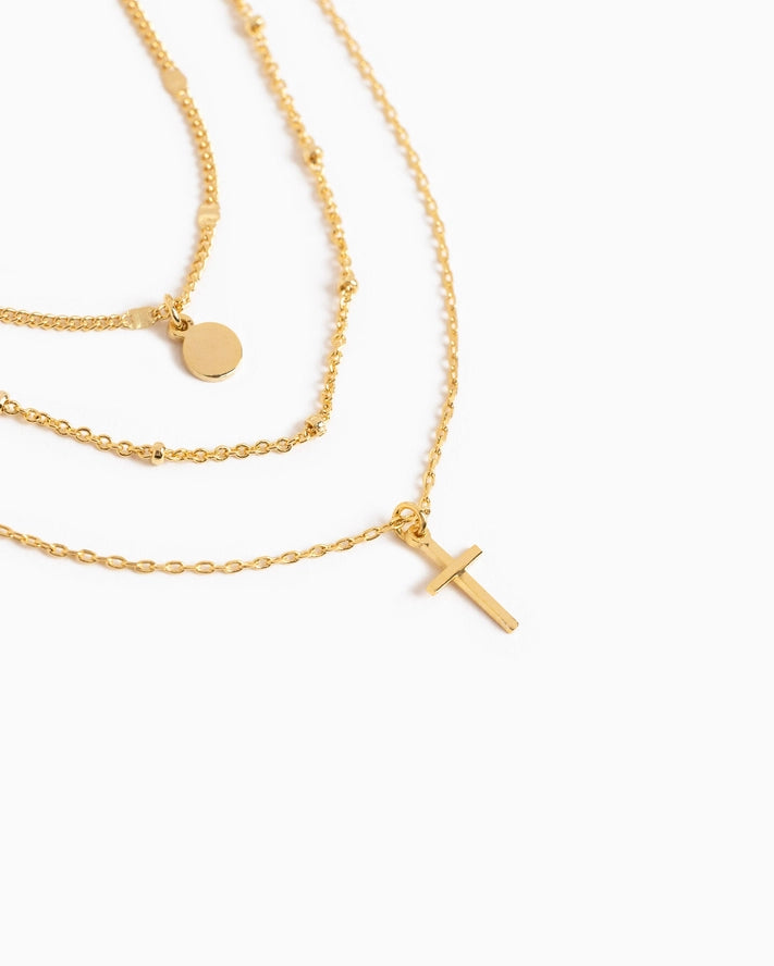 Triple Layered Necklace with Cross & Pendant